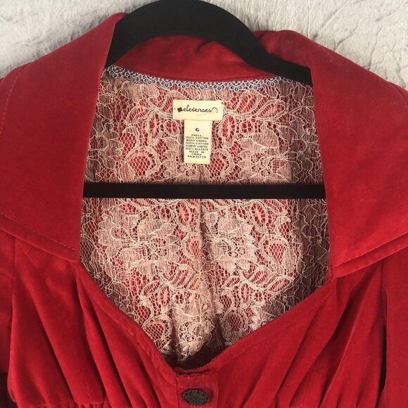 Elevenses Jacket Womens 6 Red Velvet Peplum Button Up Smocked Waist Boho Elegant - Picture 8 of 11